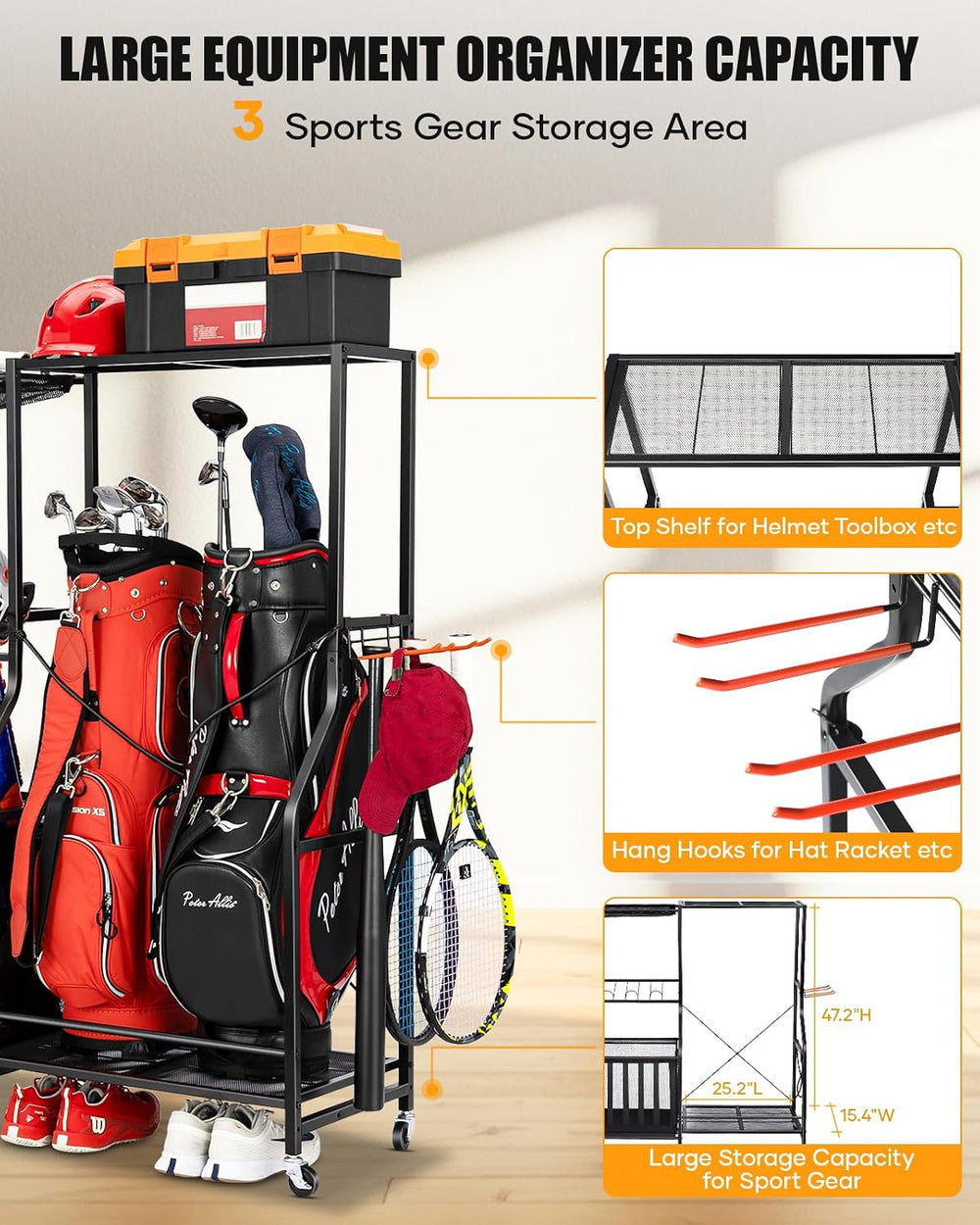 Garage Sports Equipment Organizer with Wheels, Golf Bag storage Rack