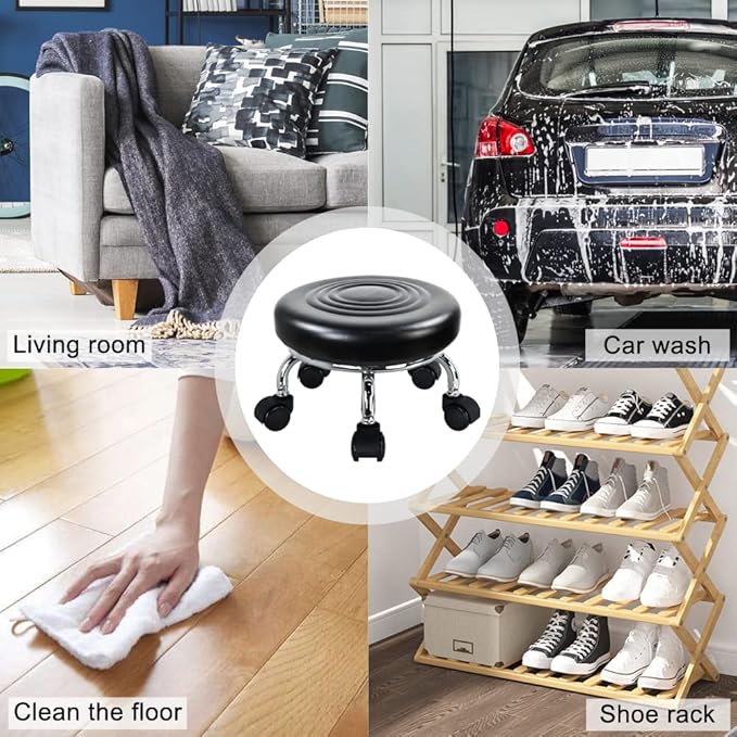 Modern Roller Seat PU Leather Low Round Rolling Stool 360 Swivel Small Stool