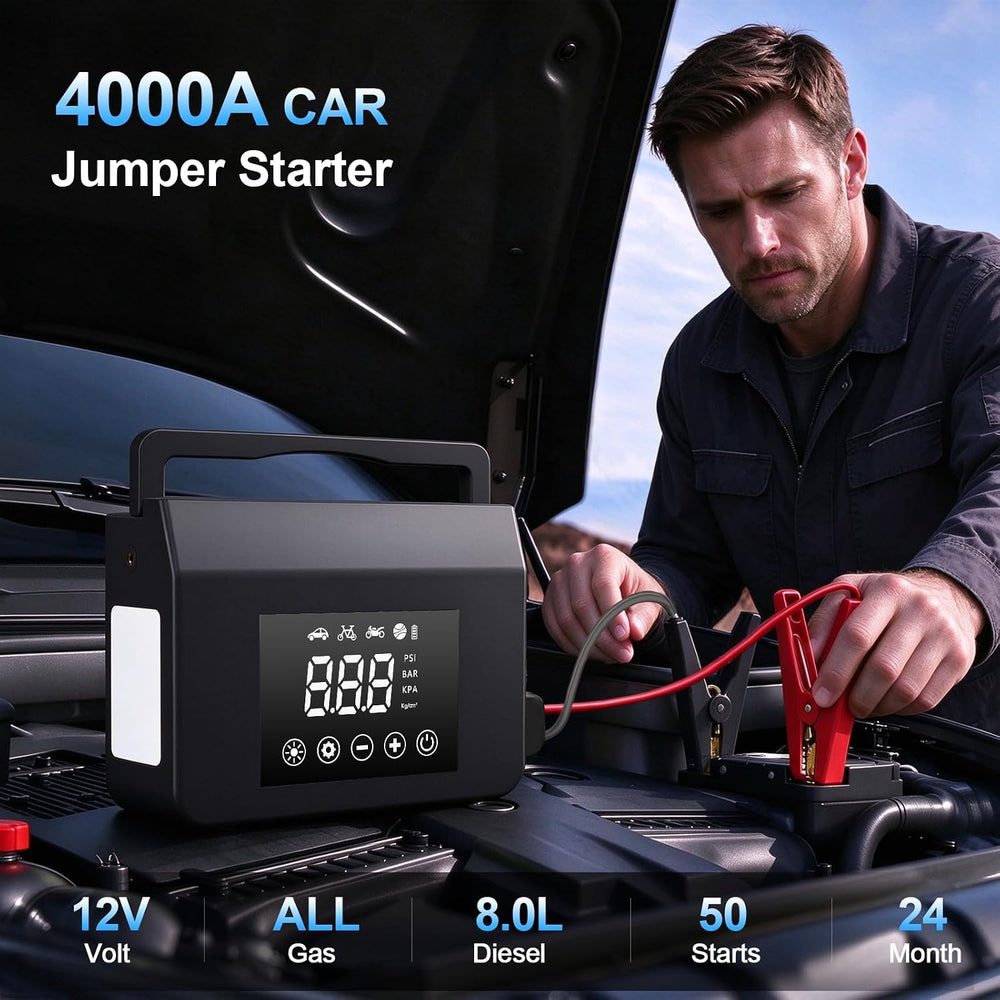 4000A Portable Car Battery Jump Starter with Air Compressor,150PSI Tire Infla...