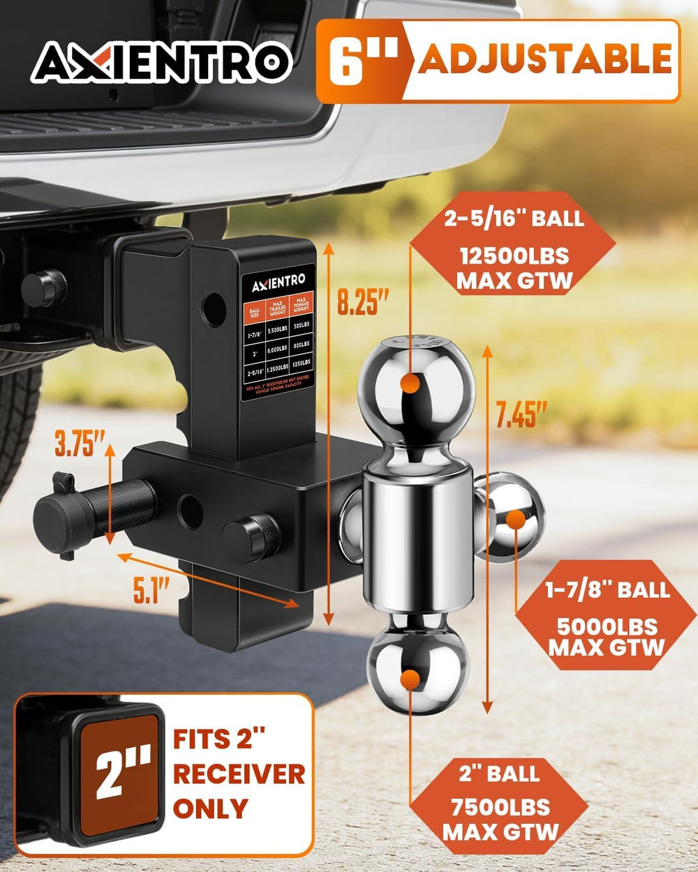 Adjustable Trailer Hitch with 1-7/8" & 2" & 2-5/16" Balls
