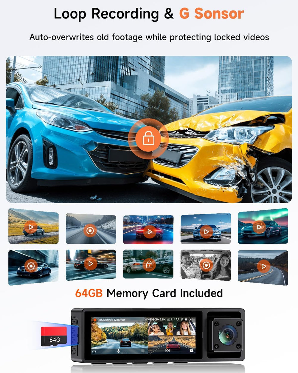 4K+2.5K+1080P 3 Channel Dash Cam Front, Rear, Inside, 64GB SD Card Included