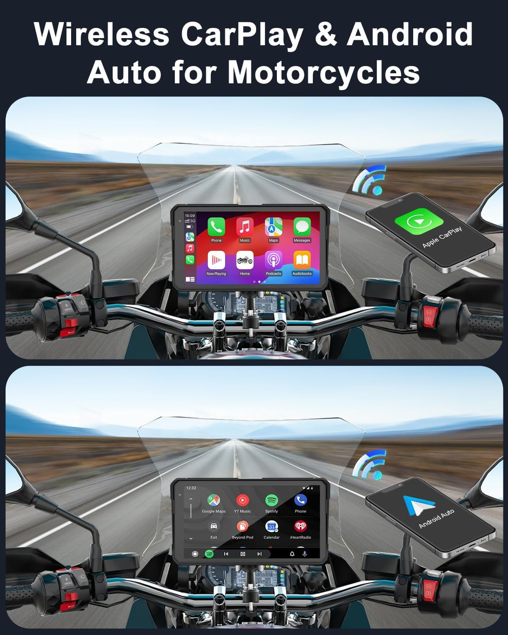 60Hz Motorcycle Carplay Screen, 2K 30FPS Motorcycle Dash Cam Front and Rear