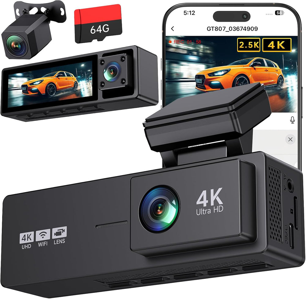 4K+2.5K+1080P 3 Channel Dash Cam Front, Rear, Inside, 64GB SD Card Included