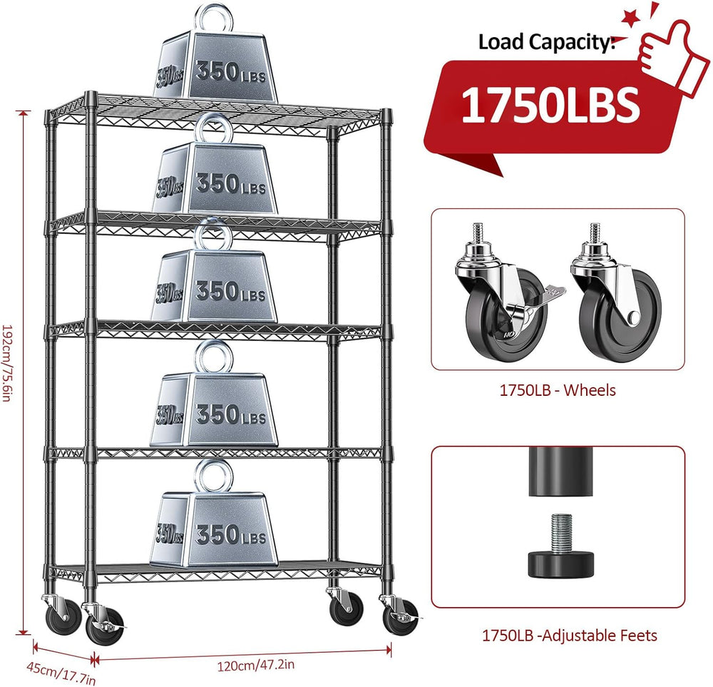 5-Tier Adjustable Heavy Duty Steel Wire Shelving Unit with Wheels, Storage Ra...