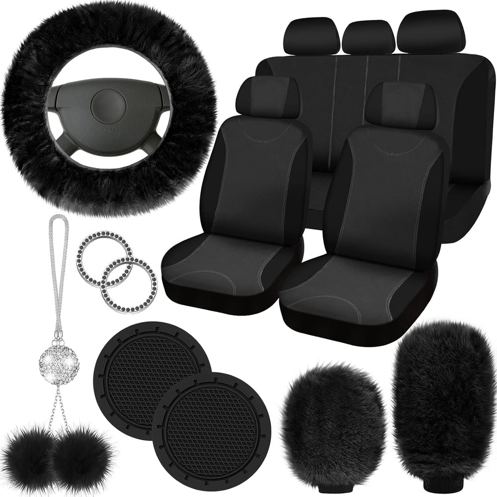 17 Pcs Car Seat Cover Full Set for Women Fluffy Fuzzy, Black