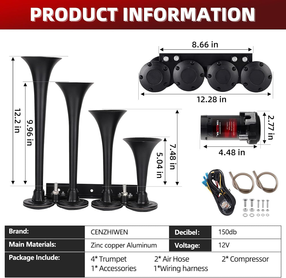 12V Train Air Horn for Truck With 2 Compressors/4 MetalTrumpets