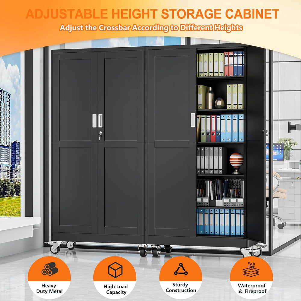 78.74" Tall Metal Garage Storage Cabinet with Wheels, Black