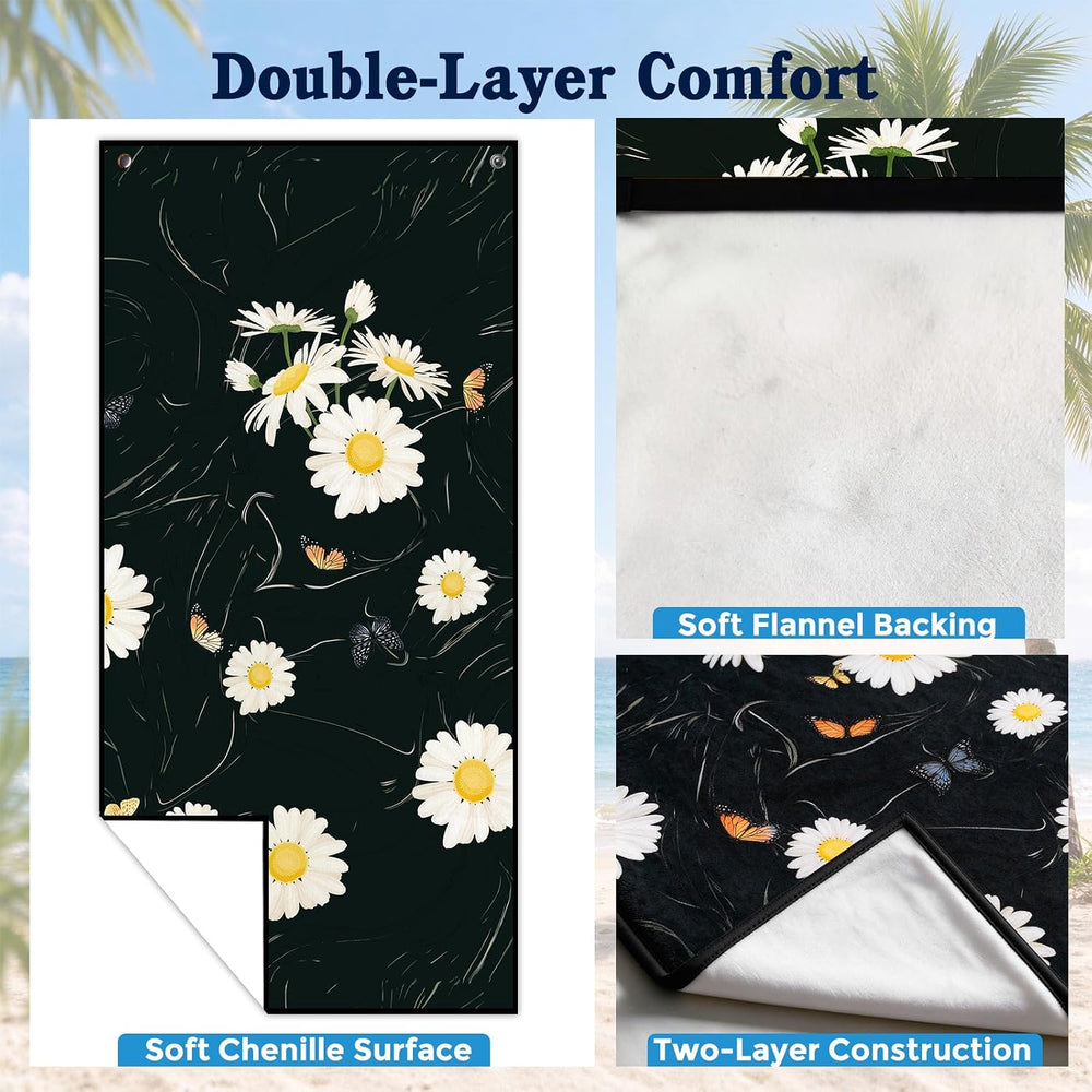 Chenille Car Seat Cover Towel, 2-Pack, Black Daisy