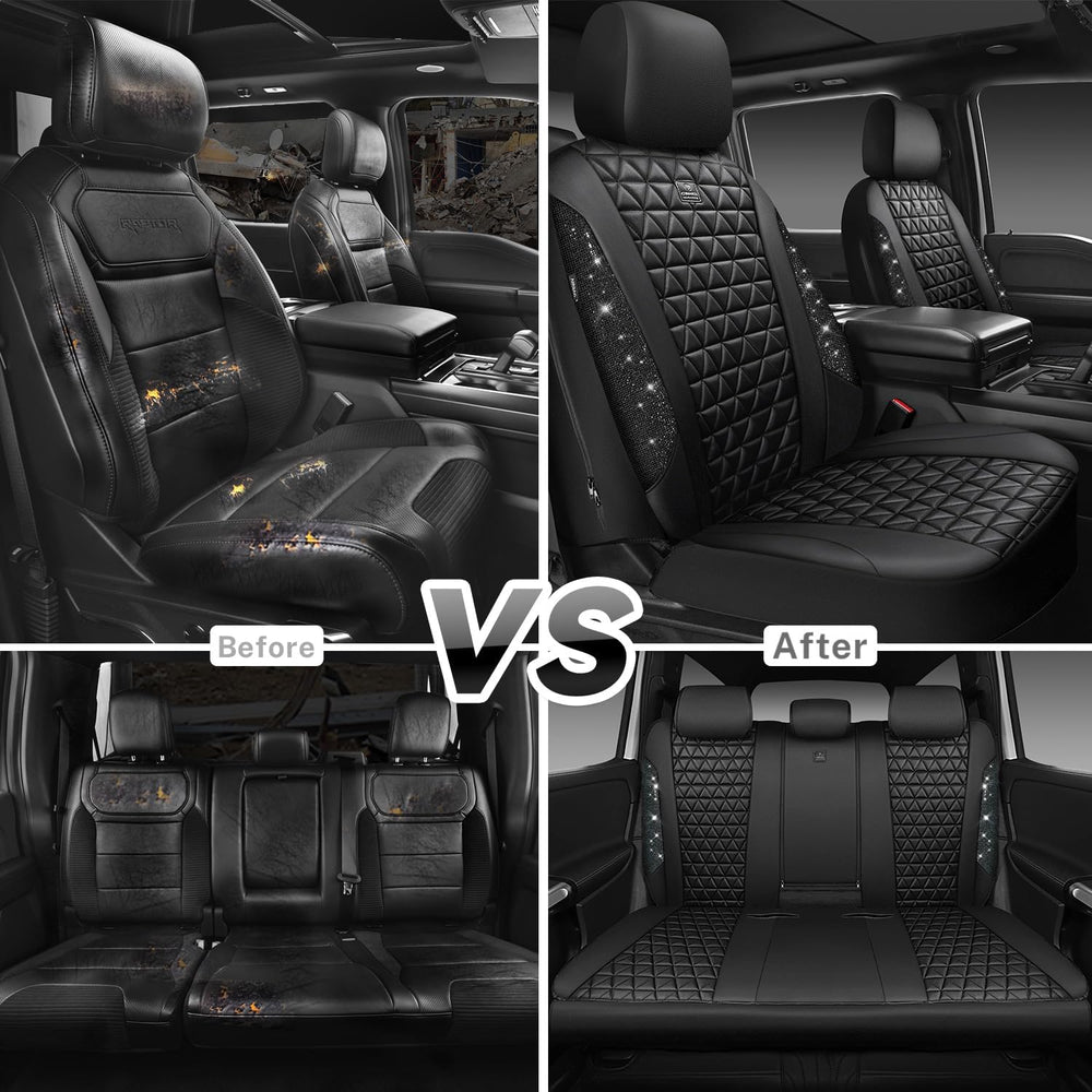 CAR PASS Bling Diamond Black Leather Car Seat Covers Full Sets Interior Sets,...