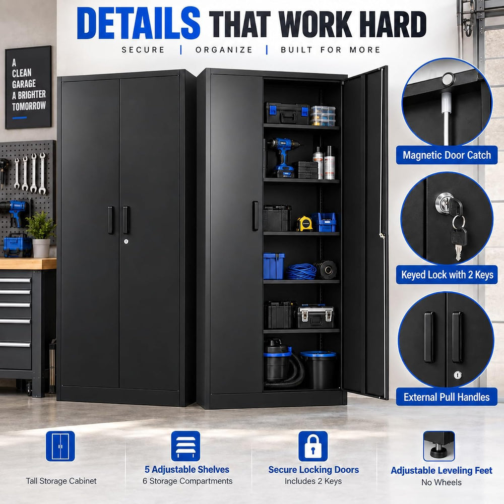 Metal Garage Storage Cabinet with Lock and 5 Adjustable Shelves, Metal Storag...