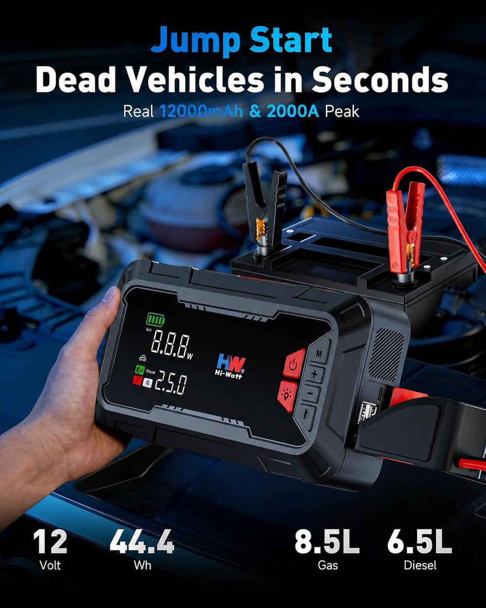 HW 2000A Jump Starter with Air Compressor, 160 PSI Tire Inflator 12V 65W PD