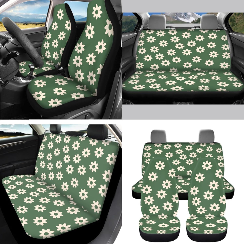 12 Pack Green Groovy Flower Car Seat Cover Sets Abstract Hippie Floral Seat C...