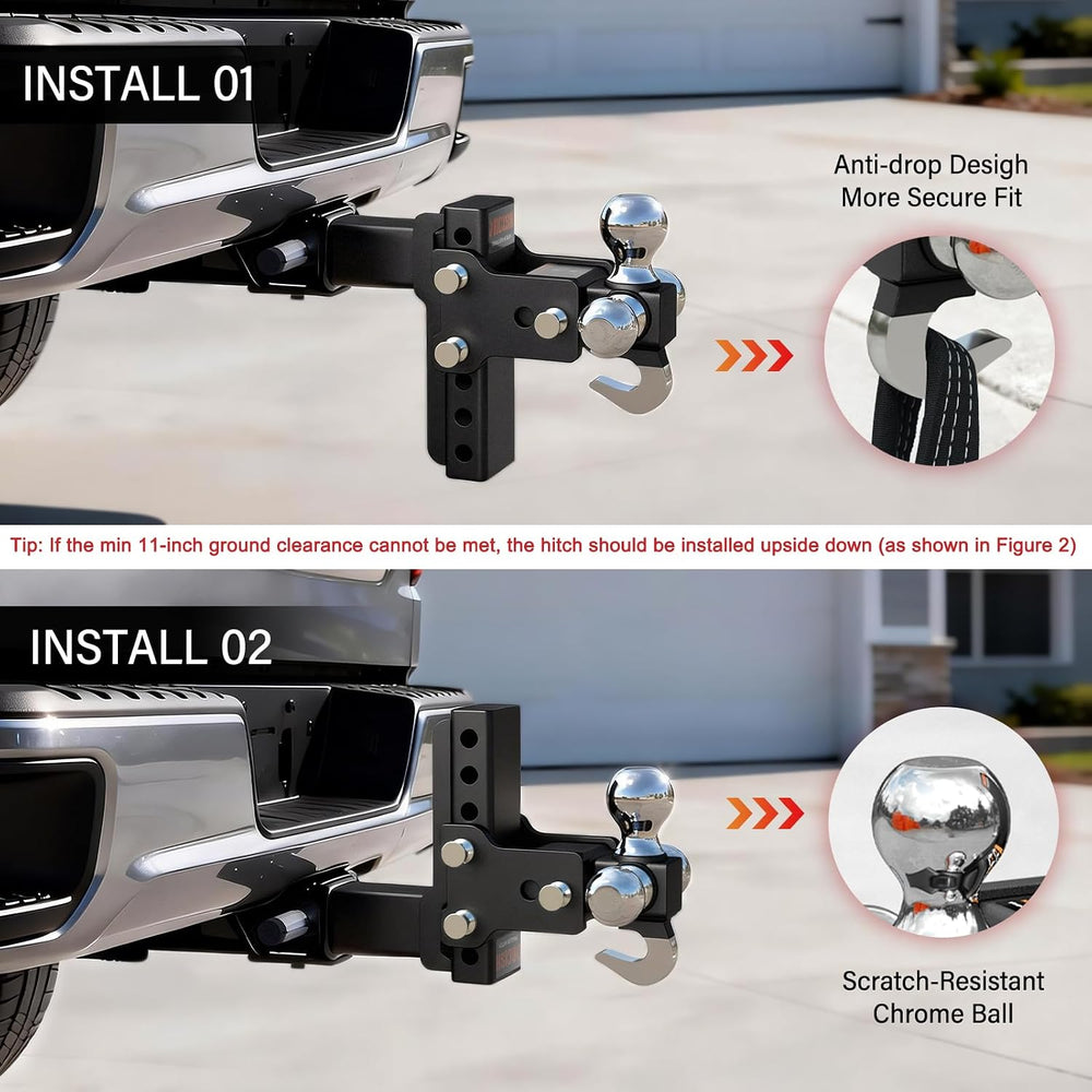 Adjustable Trailer Hitch, 360° Swivel Tri Ball Mount with Tow Hook & Lock