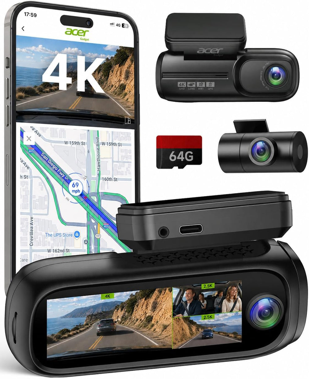 Acer Gadget 4K 3 Channel Dash Cam Front and Rear Inside 64GB Card Include