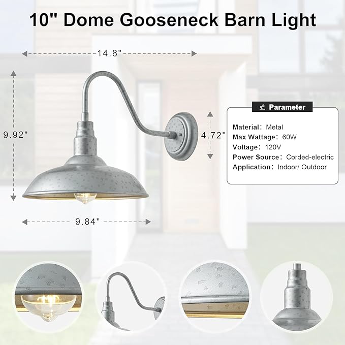 10'' Dome Outdoor Gooseneck Barn Light, Galvanized Steel Exterior Wal...