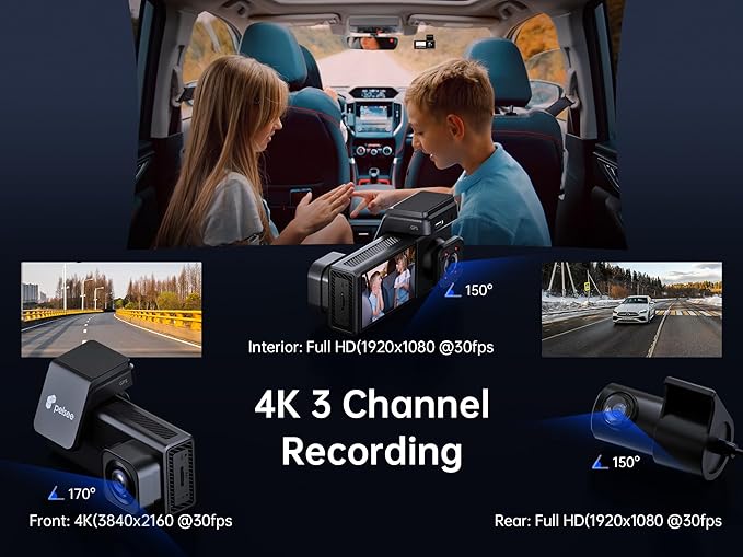 Pelsee 4K 3 Channel Dash Cam Front and Rear Inside, Dash Camera