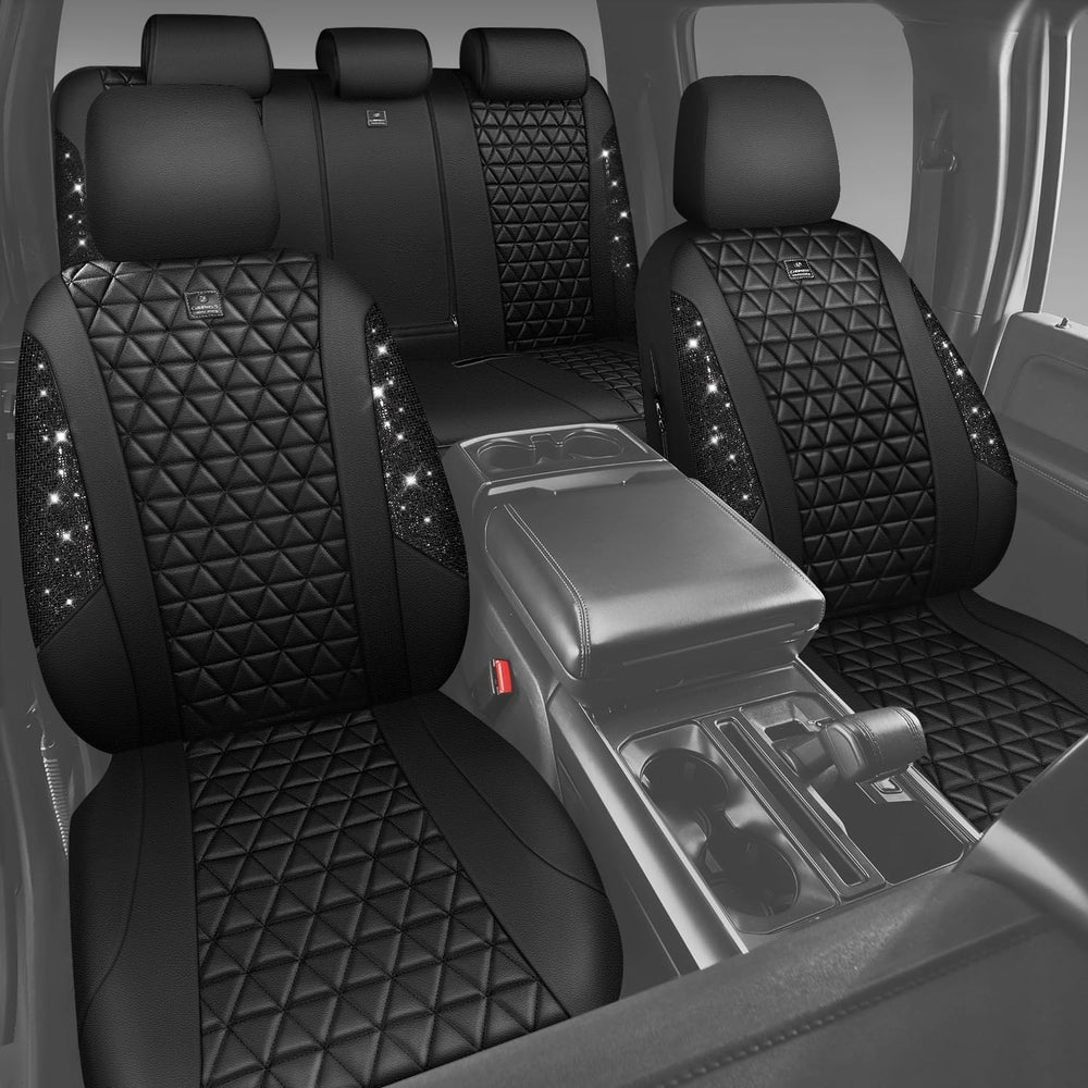 CAR PASS Bling Diamond Black Leather Car Seat Covers Full Sets Interior Sets,...