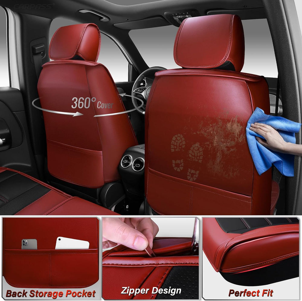 CAR PASS Nappa Leather Car Seat Covers Full Set Faux Leather, Black Red