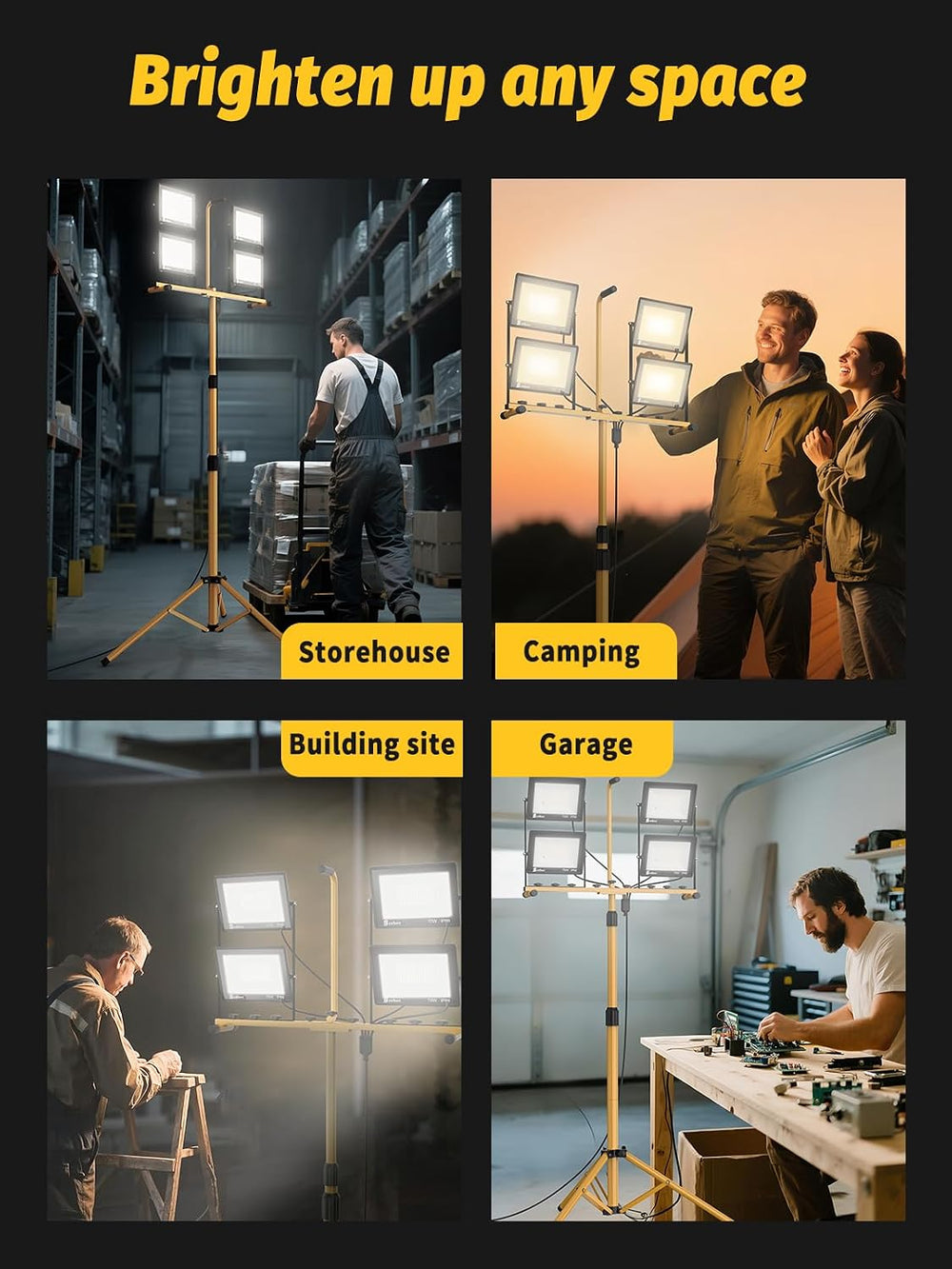 32000 Lumen LED Work Light with Stand, 4-Head Tripod, Remote Control