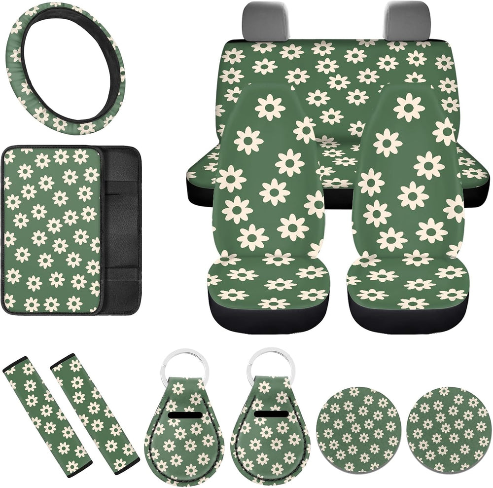 12 Pack Green Groovy Flower Car Seat Cover Sets Abstract Hippie Floral Seat C...