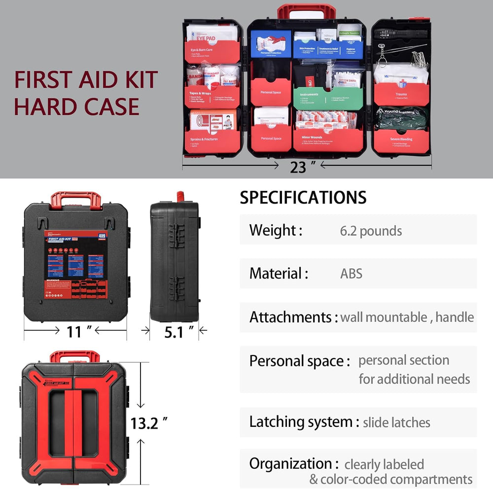 Hard Case First Aid Kit 408 Pcs - Wall Mountable Trauma Kit for Car, Home, Of...