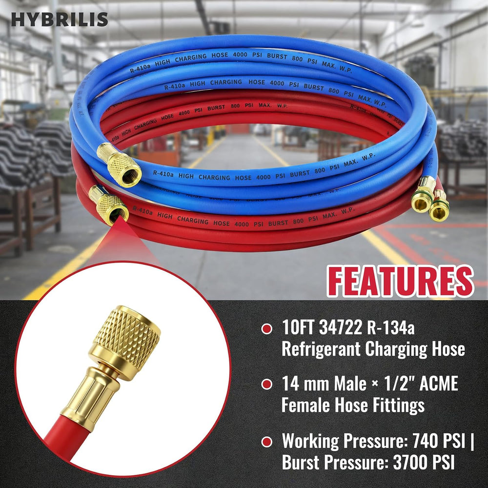 10FT 34722 R-134a Hose Set for Robinair HVAC Hose Red & Blue