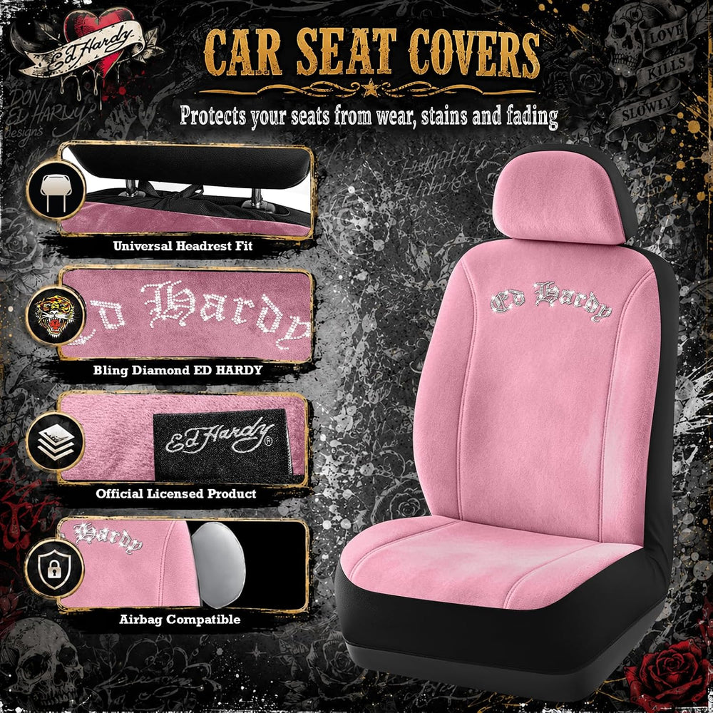ED HARDY Car Seat Covers, Pink Soft Short Plush & Silver Diamond Graphic