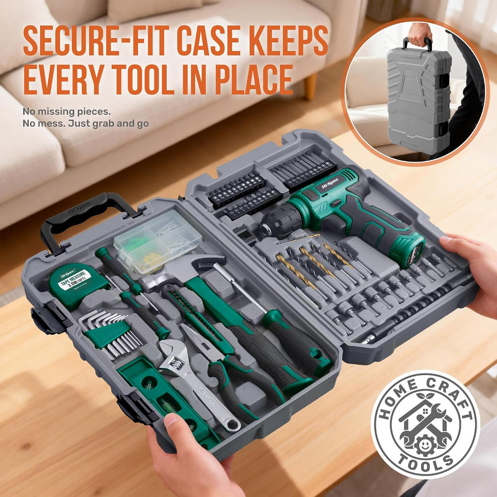 Hi-Spec 8V USB Power Drill Driver and Home Tool Kit with Toolbox Set, Green