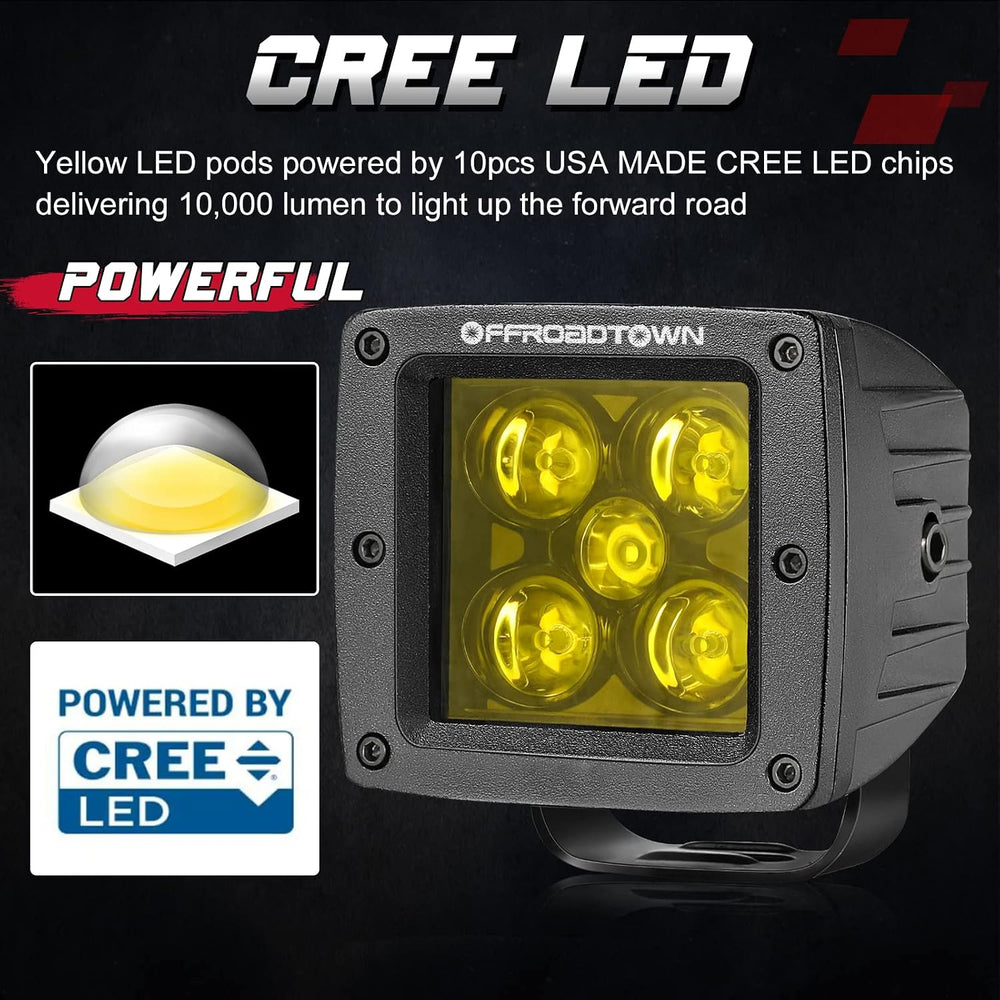 OFFROADTOWN Yellow LED Cubes 2PCS 3 Inch 100W CREE LED Pods Ditch Lights