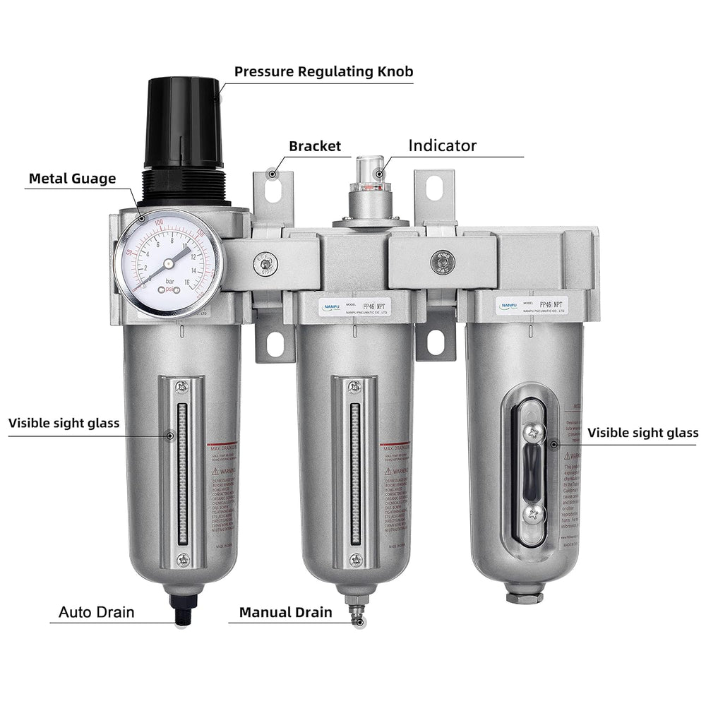 3/4" NPT Industrial Air Compressor Filter Dryer Regulator, 175 PSI