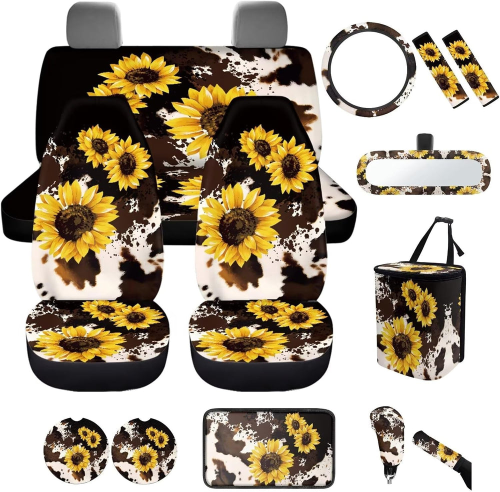 Cute Cow Print Car Accessories Set 14 Pack Sunflower Car Seat Covers Full Set...