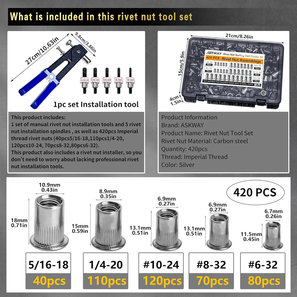 SAE Rivet Nut Tool 420pcs Imperial Carbon Steel Rivet Nut Tool Kit, （5/16-18、...