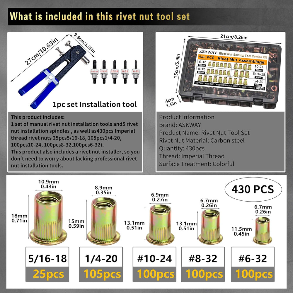 Imperial Rivet Nut Tool Kit 430pcs, SAE Rivet Nut Combination