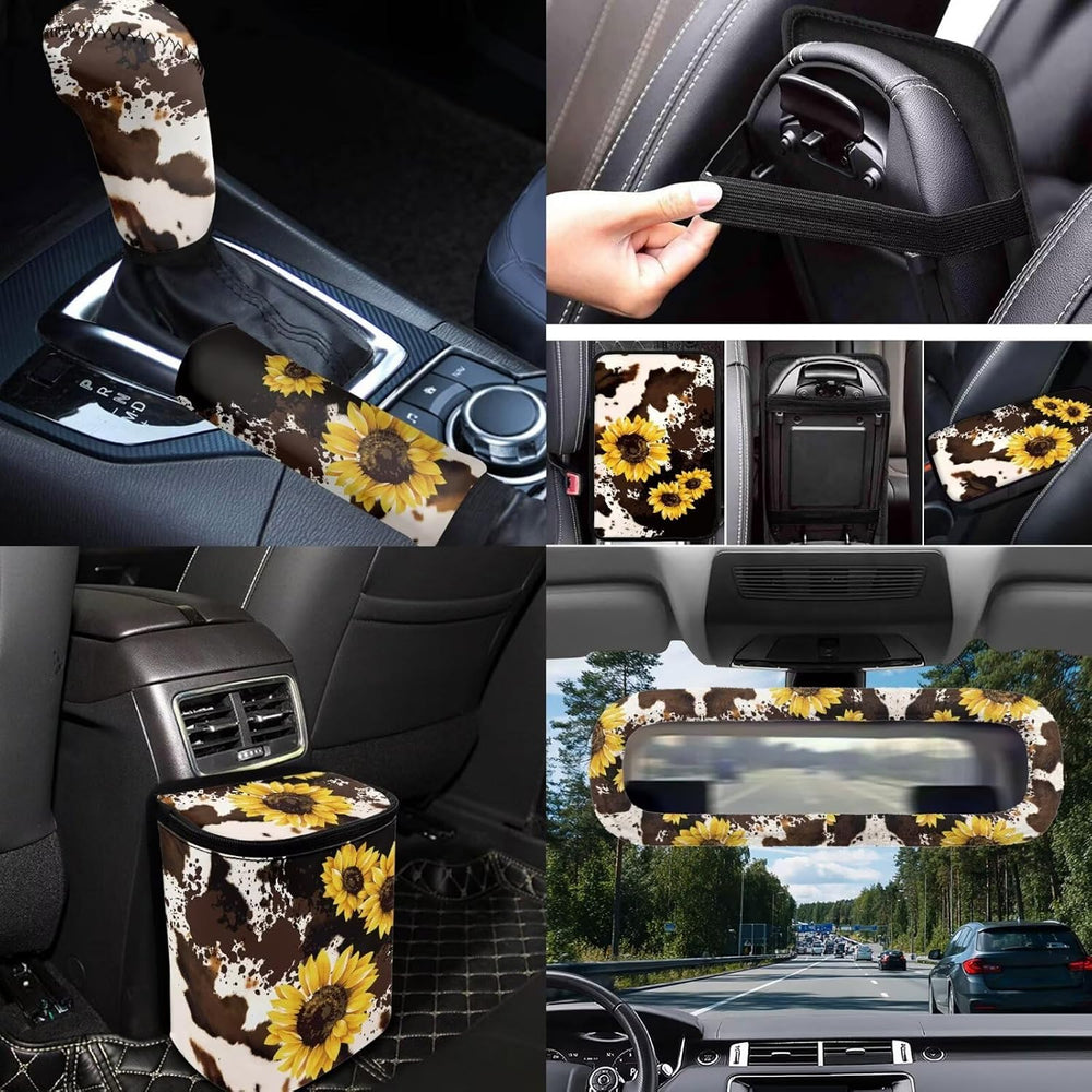 Cute Cow Print Car Accessories Set 14 Pack Sunflower Car Seat Covers Full Set...
