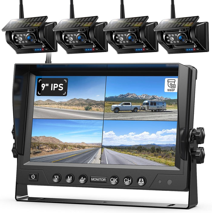 4 Magnetic Solar Wireless Backup Camera HD1080P 9" Loop Recording Monitor
