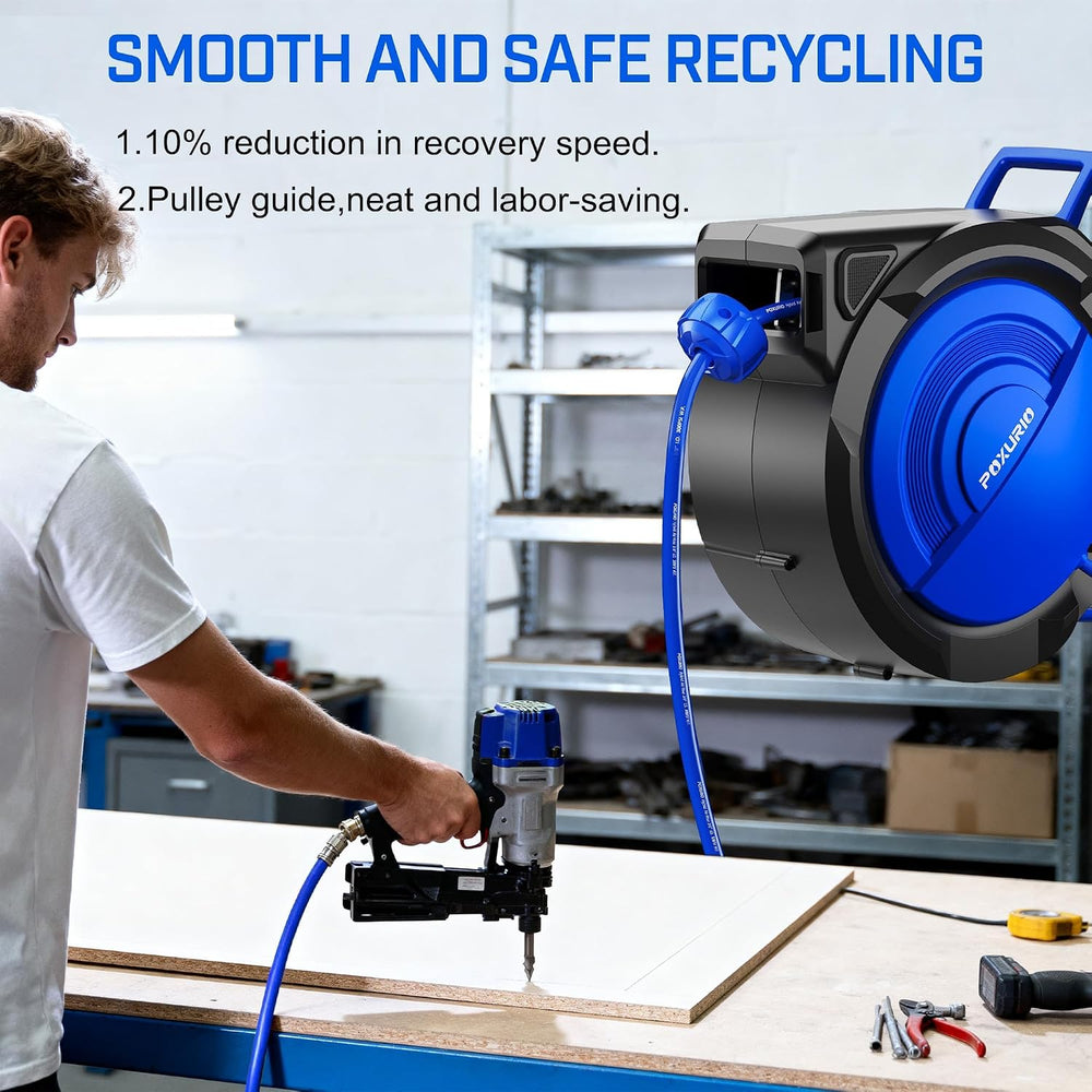 120FT+6.5FT Retractable Air Hose Reel, 5/16" Hybrid Air Hose, Air Compre...