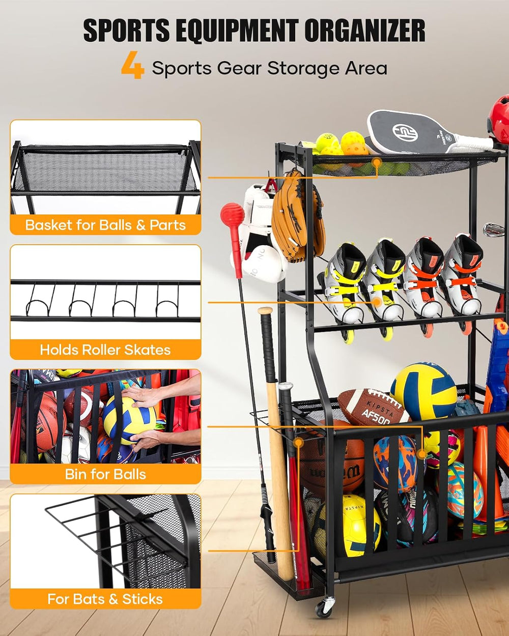 Garage Sports Equipment Organizer with Wheels, Golf Bag storage Rack