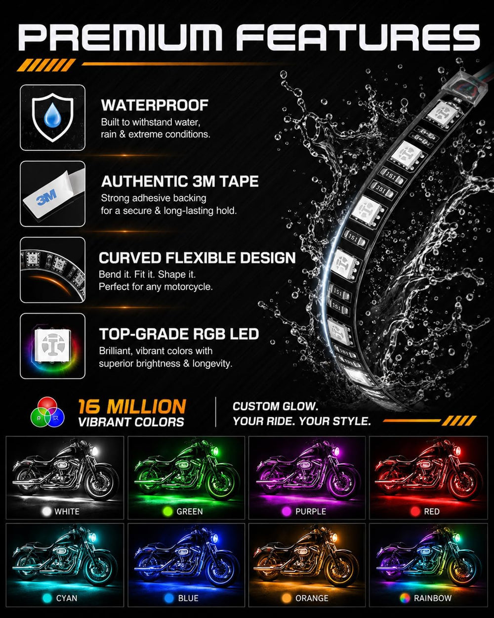 SUNPIE Motorcycle Underglow Kit 8PCS RGB Strip Lights