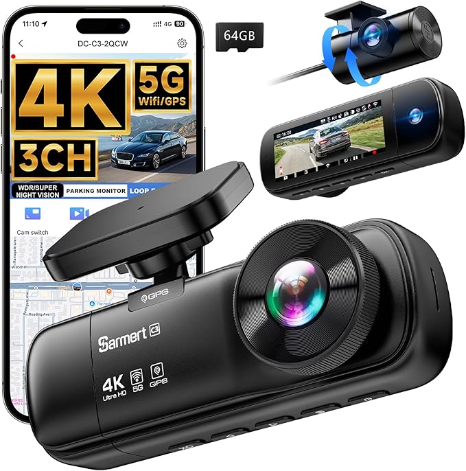 3 Channel Dash Cam, SARMERT 4K Dash Cam Front Inside and Rear