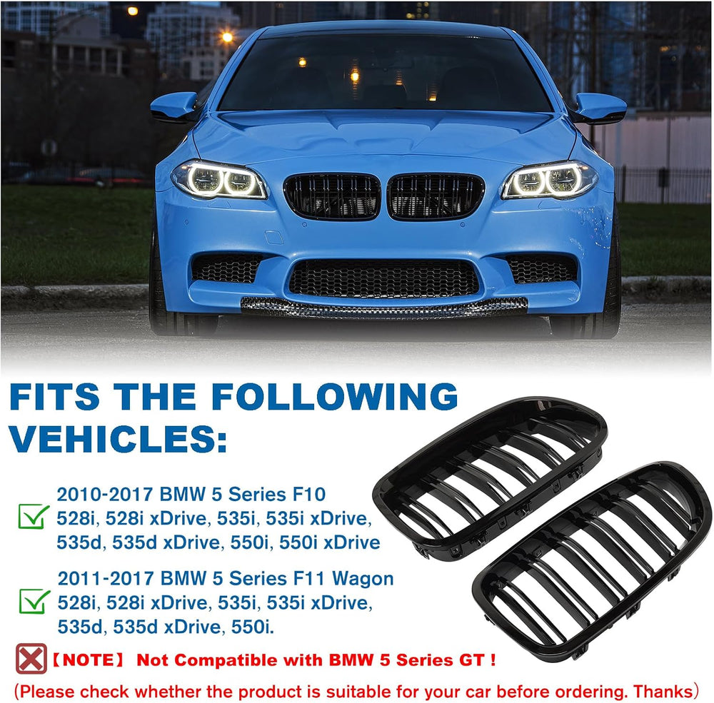 F10 Grille - Front Kidney Grille Double Slats Glossy Black Compatible with 20...