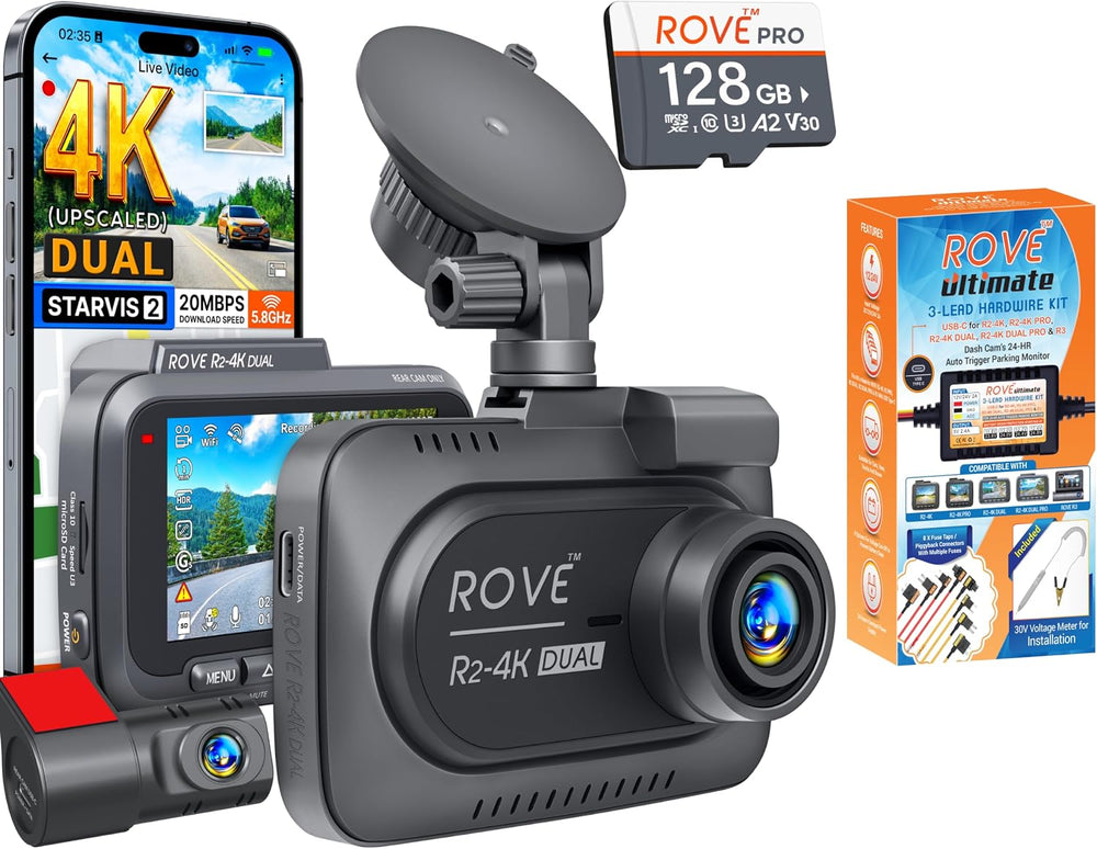 ROVE R2-4K DUAL Dash Cam Front and Rear with Ultimate Hardwire Kit
