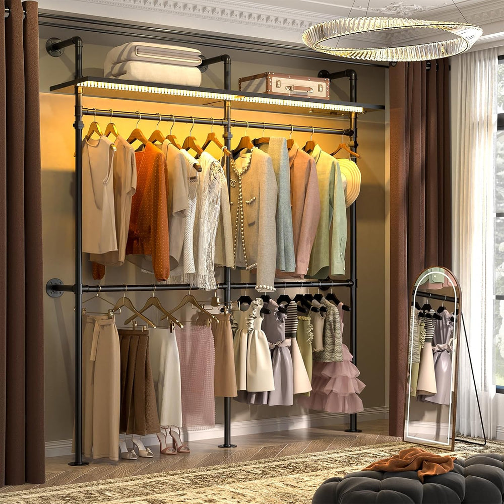Aheaplus Industrial Pipe Clothing Rack, 79.7'' Closet System with LED...