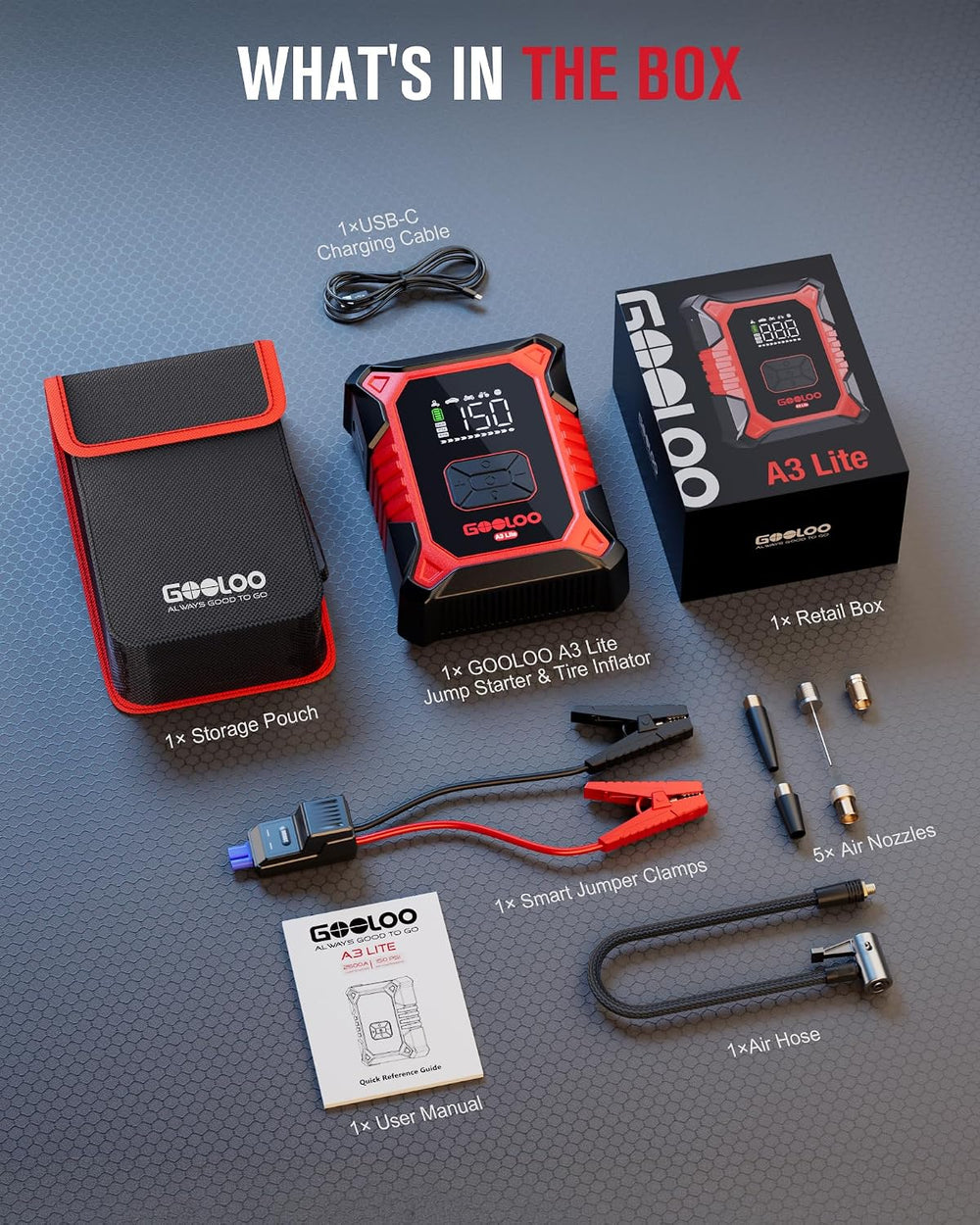 GOOLOO A3 Lite 12V 2500A Portable Car Jump Starter with Air Compressor