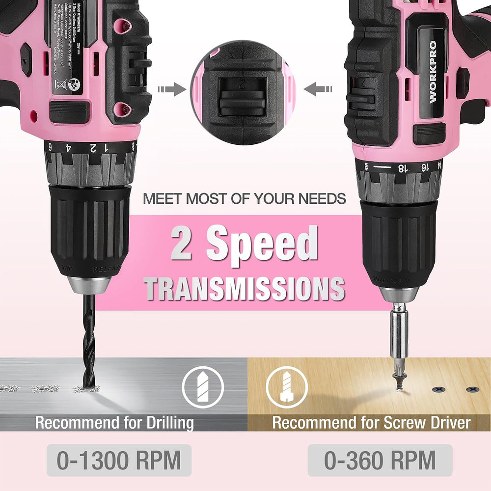 WORKPRO 20V Pink Cordless Drill and 141-Piece Home Tool Kit for Women