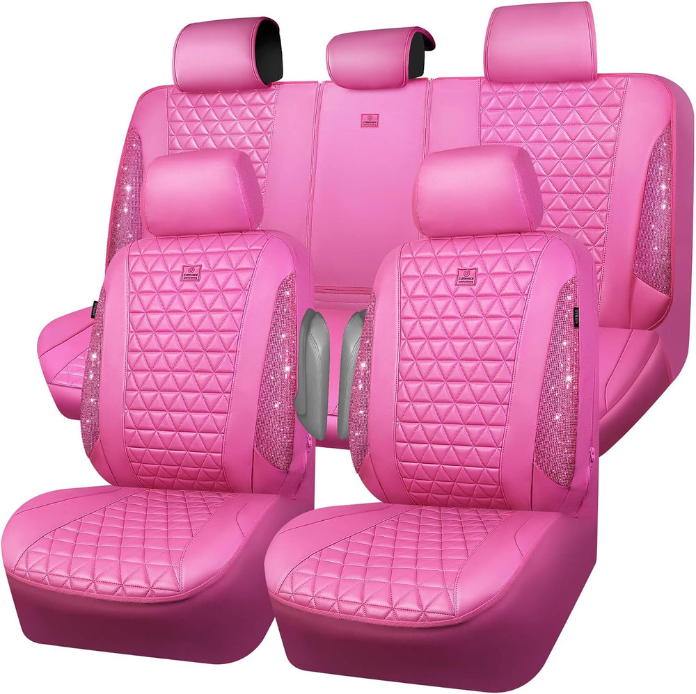 CAR PASS Hot Pink Bling Diamond Leather Car Seat Covers Full Sets, Waterproof...