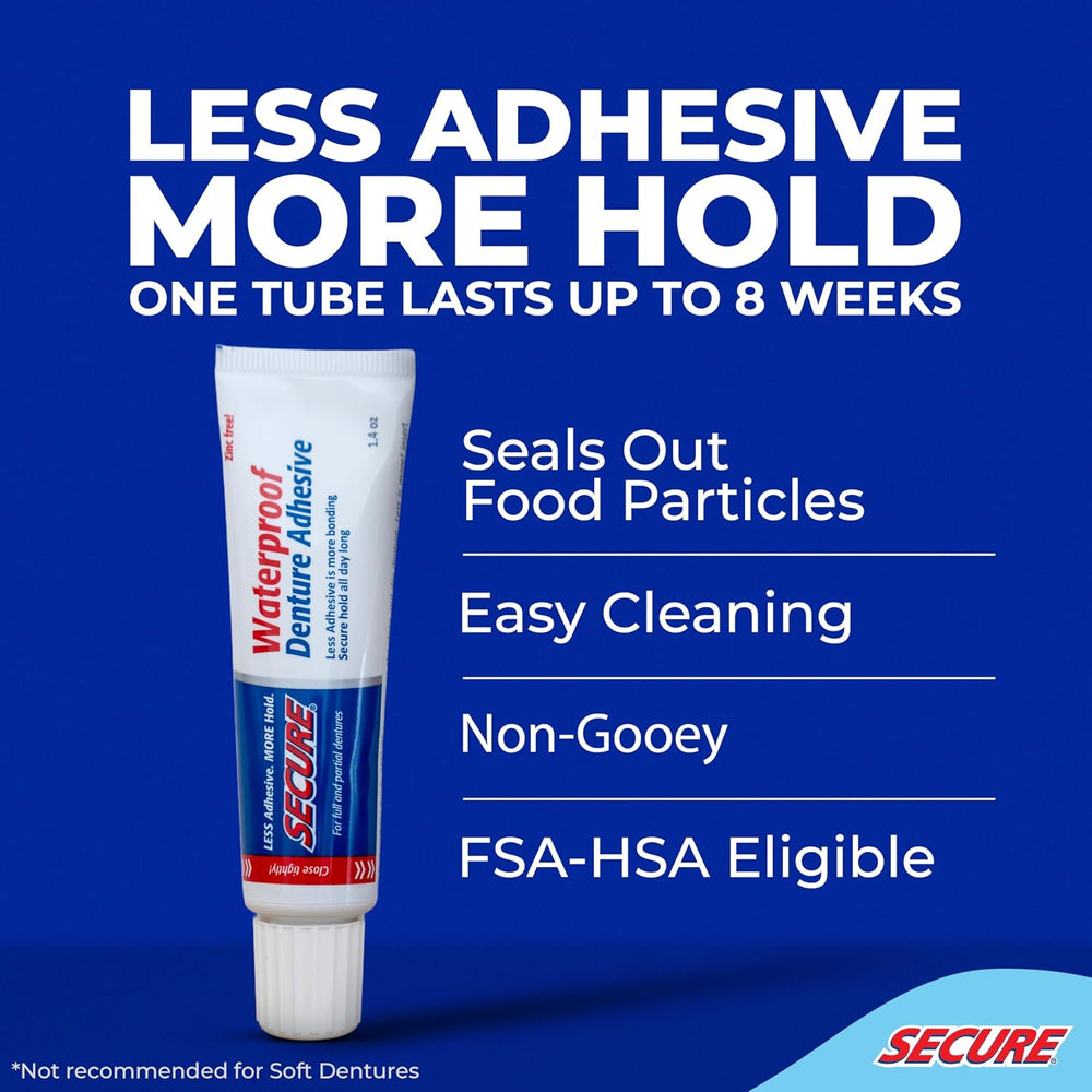 Secure Denture Adhesive Cream, Zinc Free Denture Glue, 1.4 oz, 8 Pack