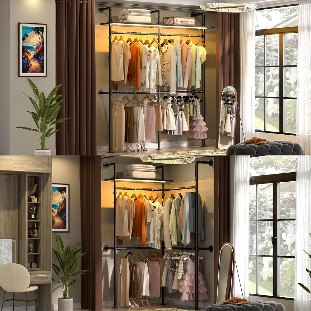 Aheaplus Industrial Pipe Clothing Rack, 79.7'' Closet System with LED...