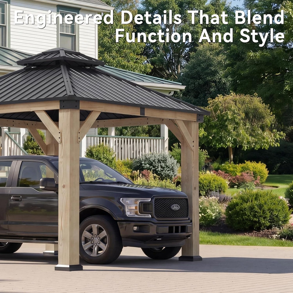 Aoxun 10x10 FT Cedar Wood Carport, Double Galvanized Steel Roof + Light