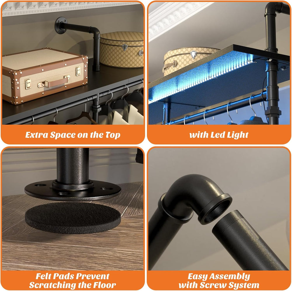 Aheaplus Industrial Pipe Clothing Rack, 79.7'' Closet System with LED...