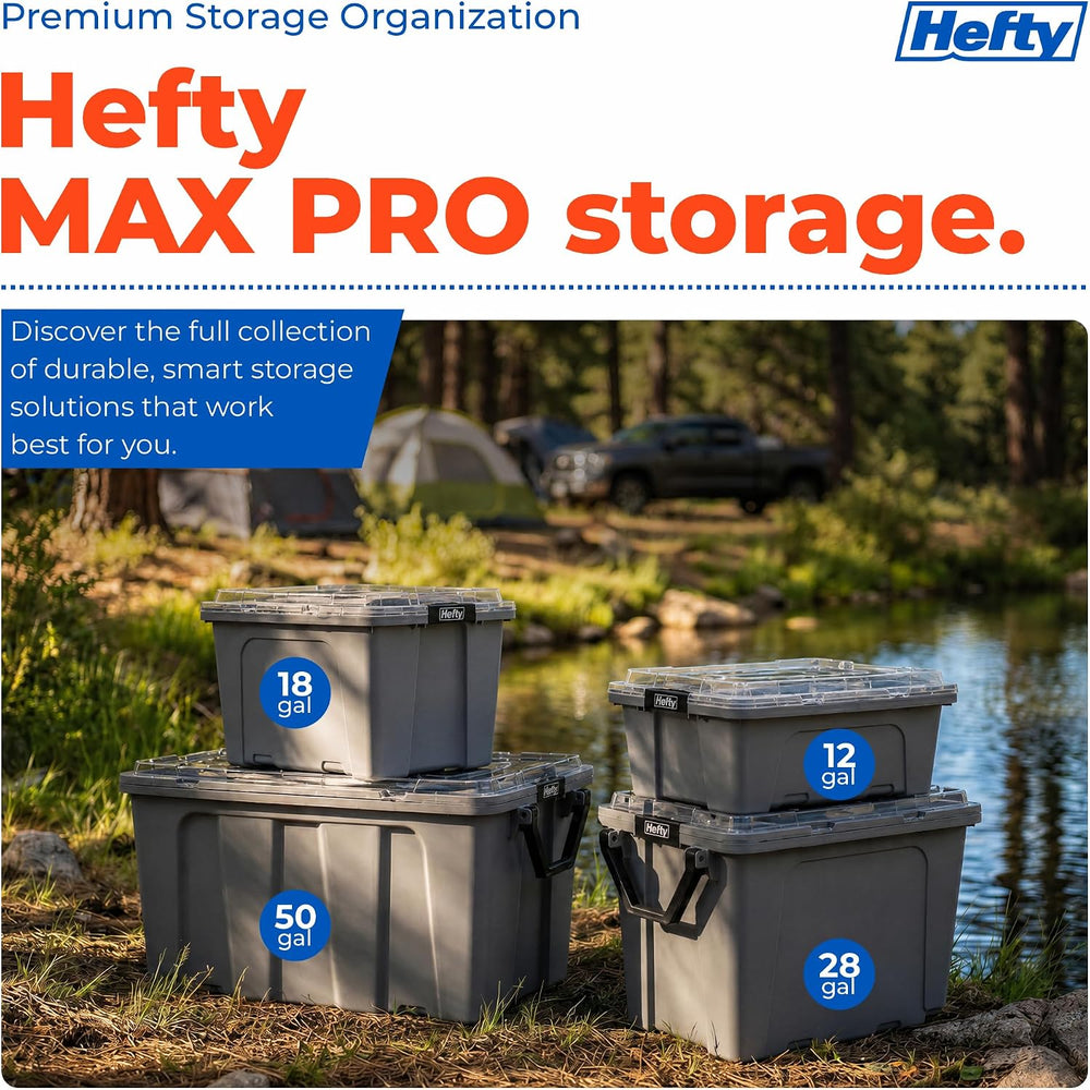 Hefty MAX Pro 12 Gal Storage Bins with Clear Lids, Stackable, 6 Pack, Grey